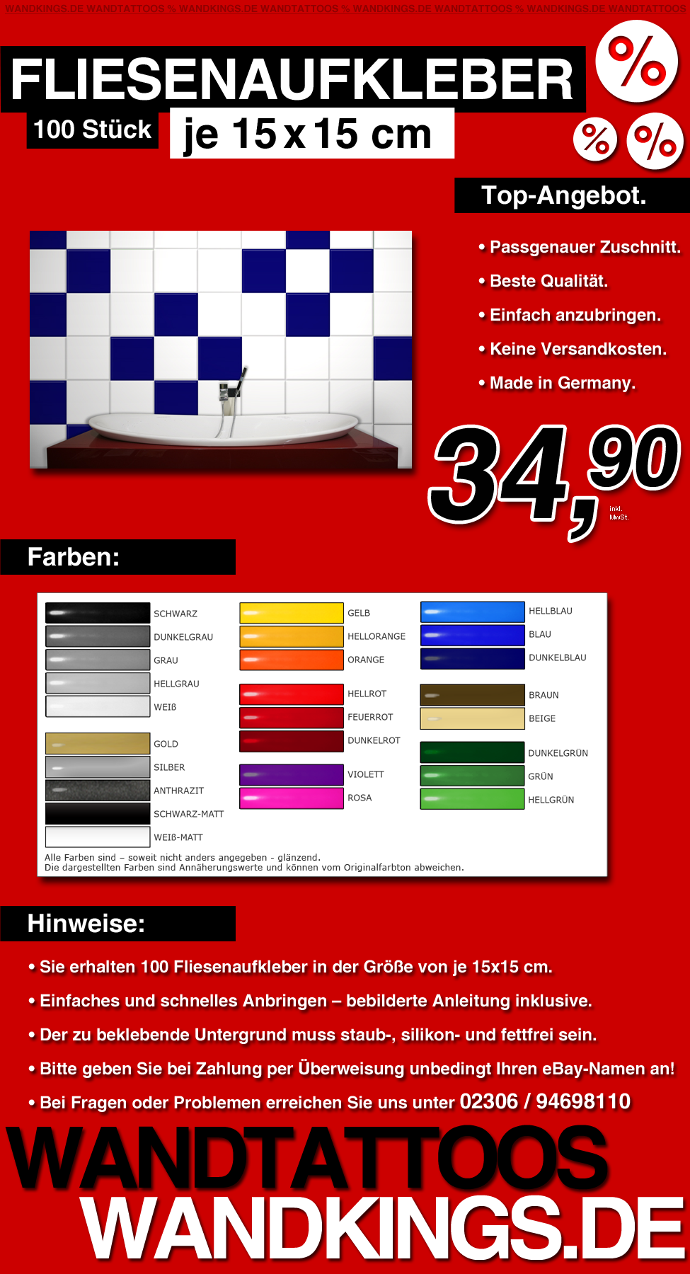 FLIESENAUFKLEBER! 100 Stück in 15x15 cm! Fliesensticker Kacheldekor