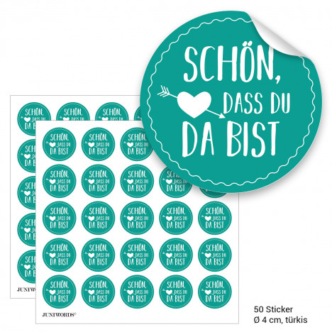 Geschenktüten mit Aufklebern "Schön, dass Du da bist" - türkis