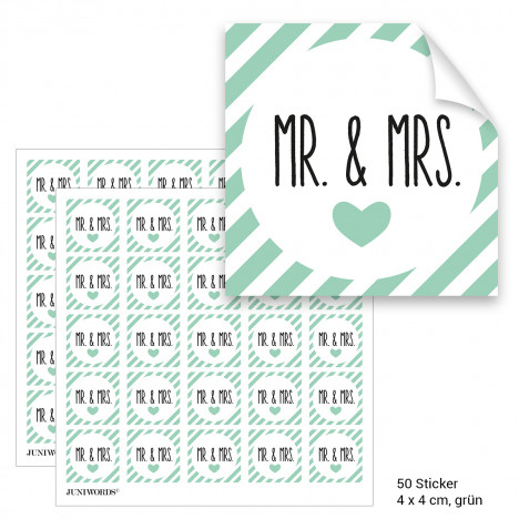 Geschenktüten mit Aufklebern "Mr. & Mrs." - grün gestreift