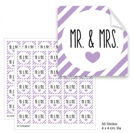Geschenktüten mit Aufklebern "Mr. & Mrs." - lila gestreift