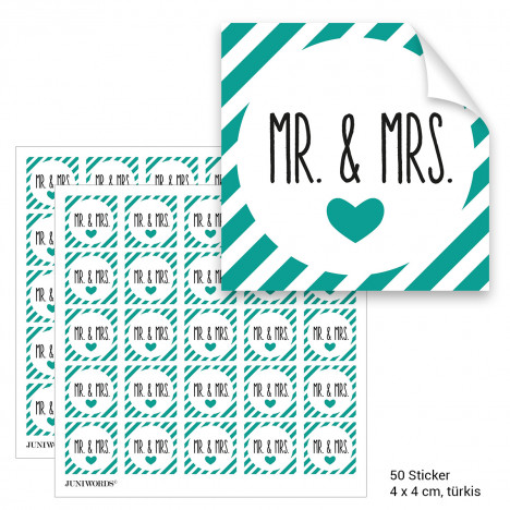 Geschenktüten mit Aufklebern "Mr. & Mrs." - türkis gestreift
