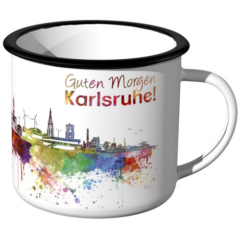 Emaille Tasse Skyline Karlsruhe bei Nacht