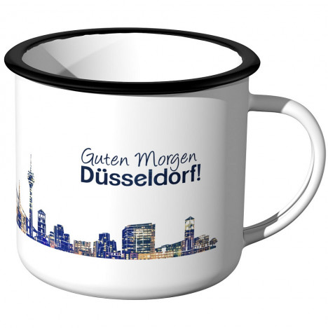 Emaille Tasse Skyline Düsseldorf bei Nacht