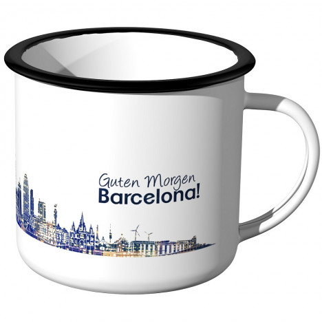 Emaille Tasse Skyline Barcelona bei Nacht