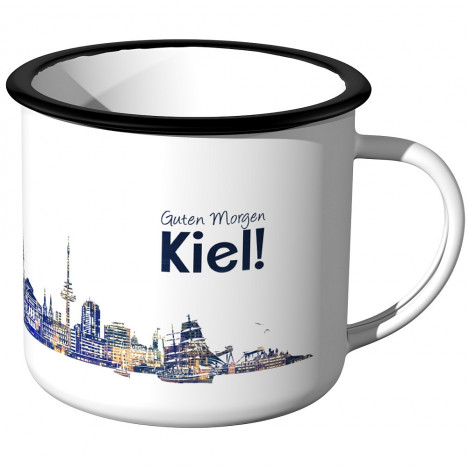 Emaille Tasse Skyline Kiel bei Nacht