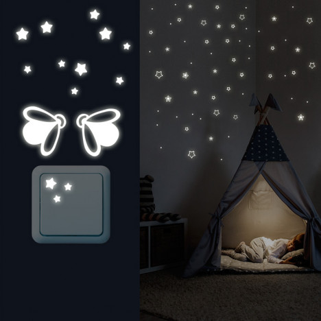Leuchtaufkleber Sterne Abgerundet + Lichtschalter - Glühwürmchen Set