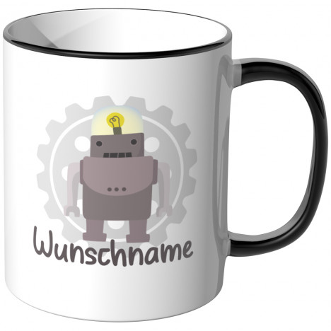 JUNIWORDS Tasse Grauer Roboter Wunschname