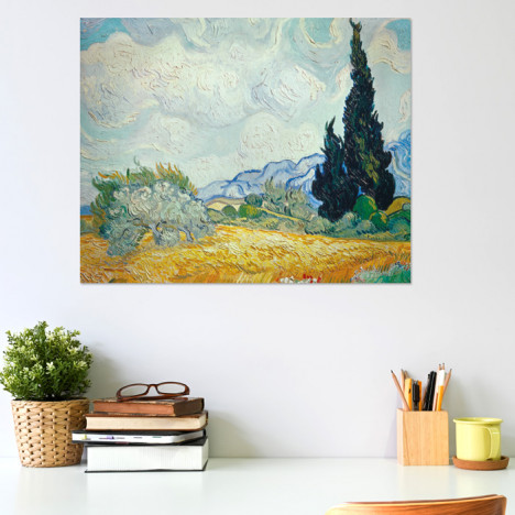 Poster Vincent van Gogh - Weizenfeld mit Zypressen und blühendem Baum