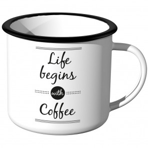 JUNIWORDS Emaille Tasse Life begins with coffee