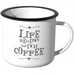 JUNIWORDS Emaille Tasse Life begins with coffee