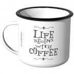 JUNIWORDS Emaille Tasse Life begins with coffee