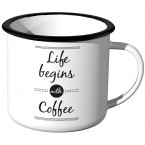 JUNIWORDS Emaille Tasse Life begins with coffee