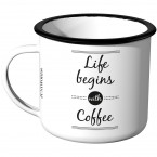 JUNIWORDS Emaille Tasse Life begins with coffee